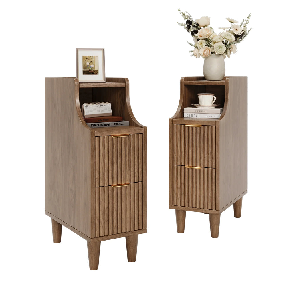 UGTOO 24.4"Tall Walnut Finish 2PC Bedside Table Set with 2 Large Drawers & Top Storage Space Open Shelf, Sturdy Wood Legs, Vintage Cabinet Nightstand for Bedroom with Metal Handle