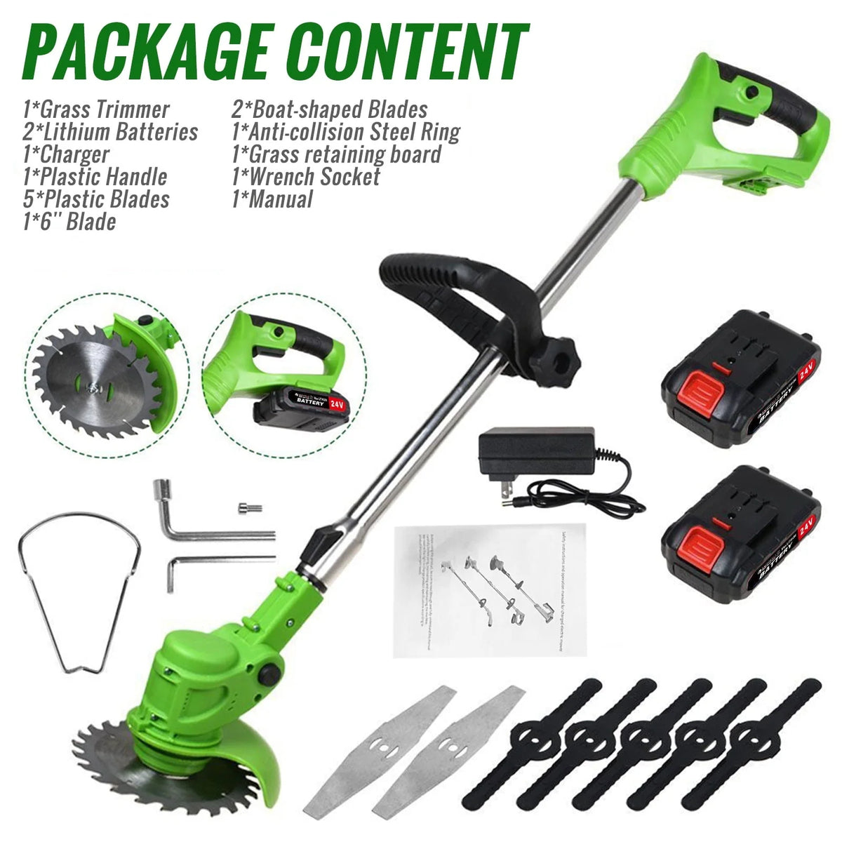 Electric 650W Weed Lawn Edger, Battery Weed Eater, Weed Wacker Electric, Cordless Grass Trimmer Cutting Tool & 2 Battery, Weed Trimmer for Yards Garden, Green
