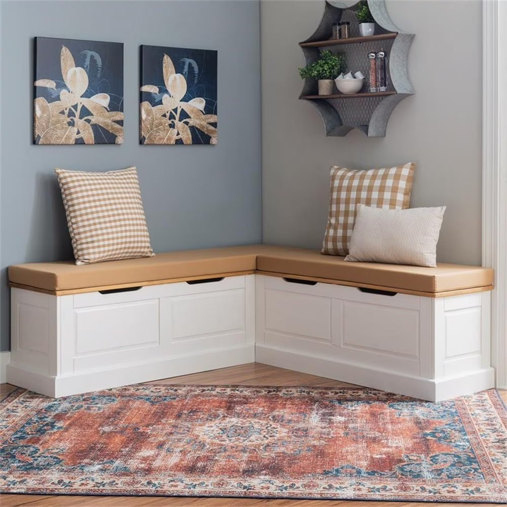 Pemberly Row Natural White Wood Nook With Green Polyester Fabric Cushions