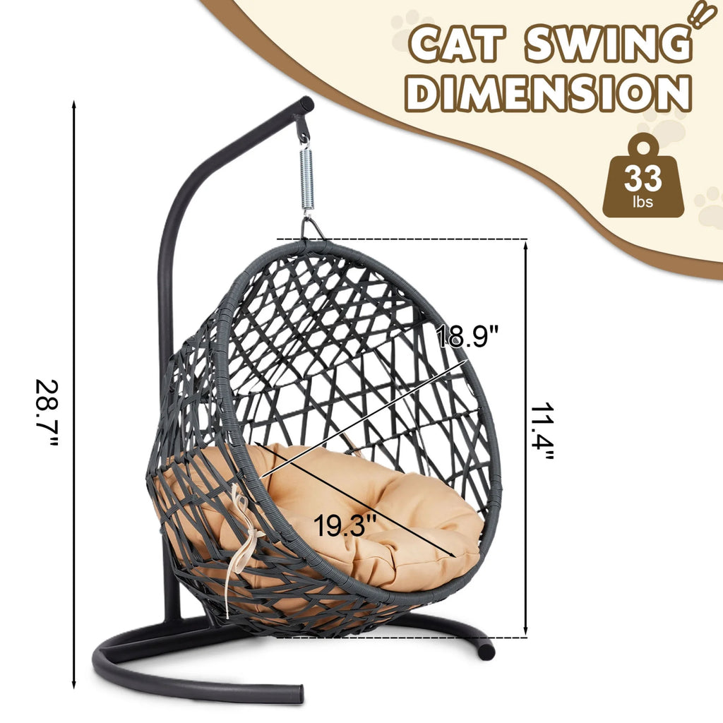 Cat Swing Bed with Stand & Cushion, Cat Egg Chair with Rattan Wicker Appearance, Indoor Hanging Swinging Cat Bed
