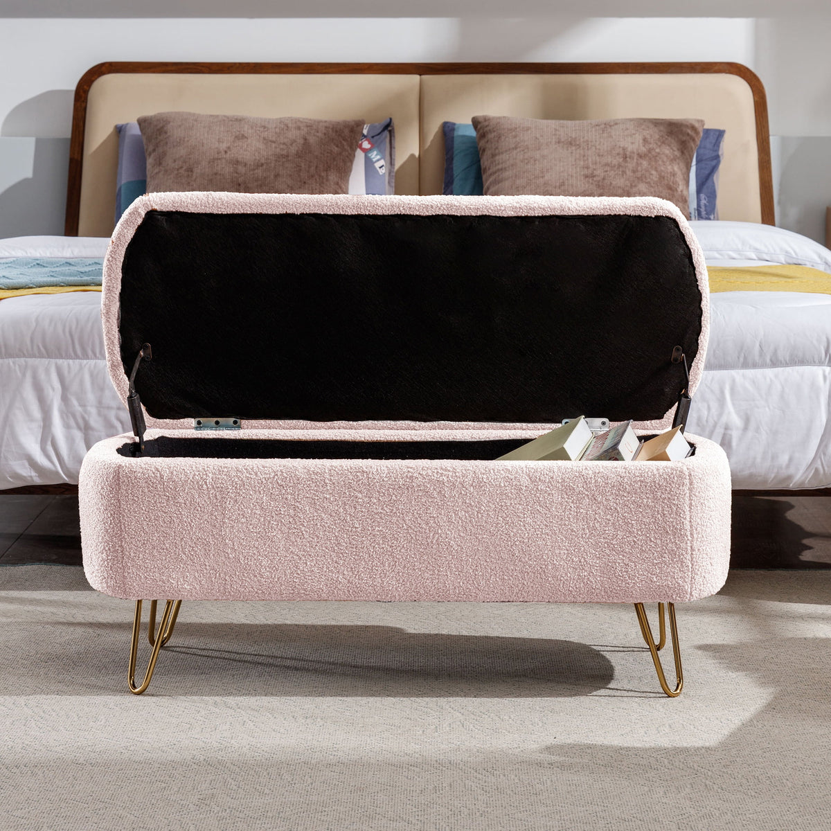 Syngar Entryway Bench with Storage for Bedroom, Living Room, and End of Bed, Faux Fur Ottoman Foot Rest with Storage,Upholstered Bench with Storage with Metal Leg,Ivory