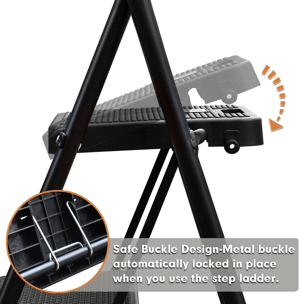 HBTower 4 Step Ladder with Handrails and Tool Bag, Folding Step Stool with Attachable  Anti-Slip Wide Pedal, Black