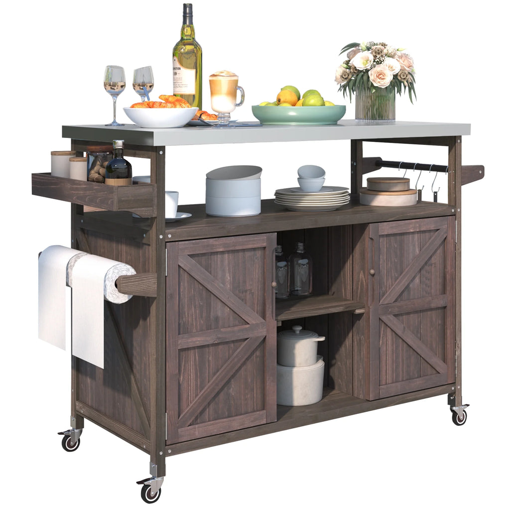 Outdoor Kitchen Island, Rolling Bar Cart & Storage Cabinet, Farmhouse Solid Wood Outdoor Grill Table with Stainless Steel Top, Spice Rack , Towel Rack for Kitchen & BBQ , Natural