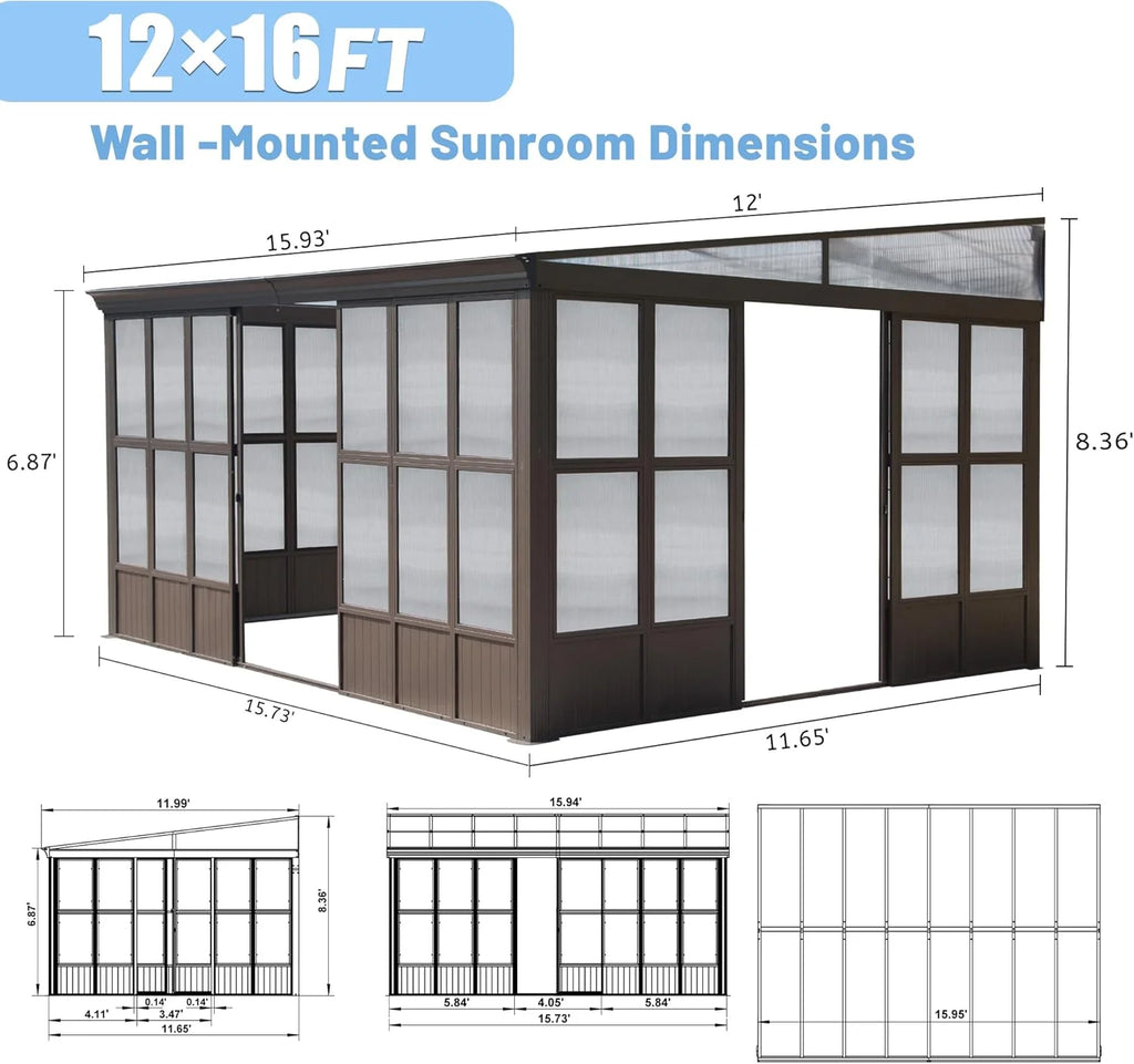 TOTAL Outdoor 10'x12' All-Season Sunroom Gazebo with Steel Roof, PVC Screen, Front & Side Door, Brown