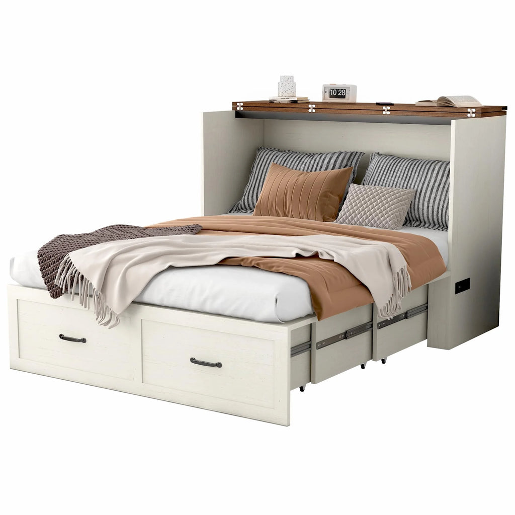ANPOO Full Size Murphy Chest Bed with Drawer and Power Outlets, Farmhouse Wood Hidden Folding Bed Chest w/2 Storage Drawers, Multifunctional Storage Cabinet Bed for Bedroom,White