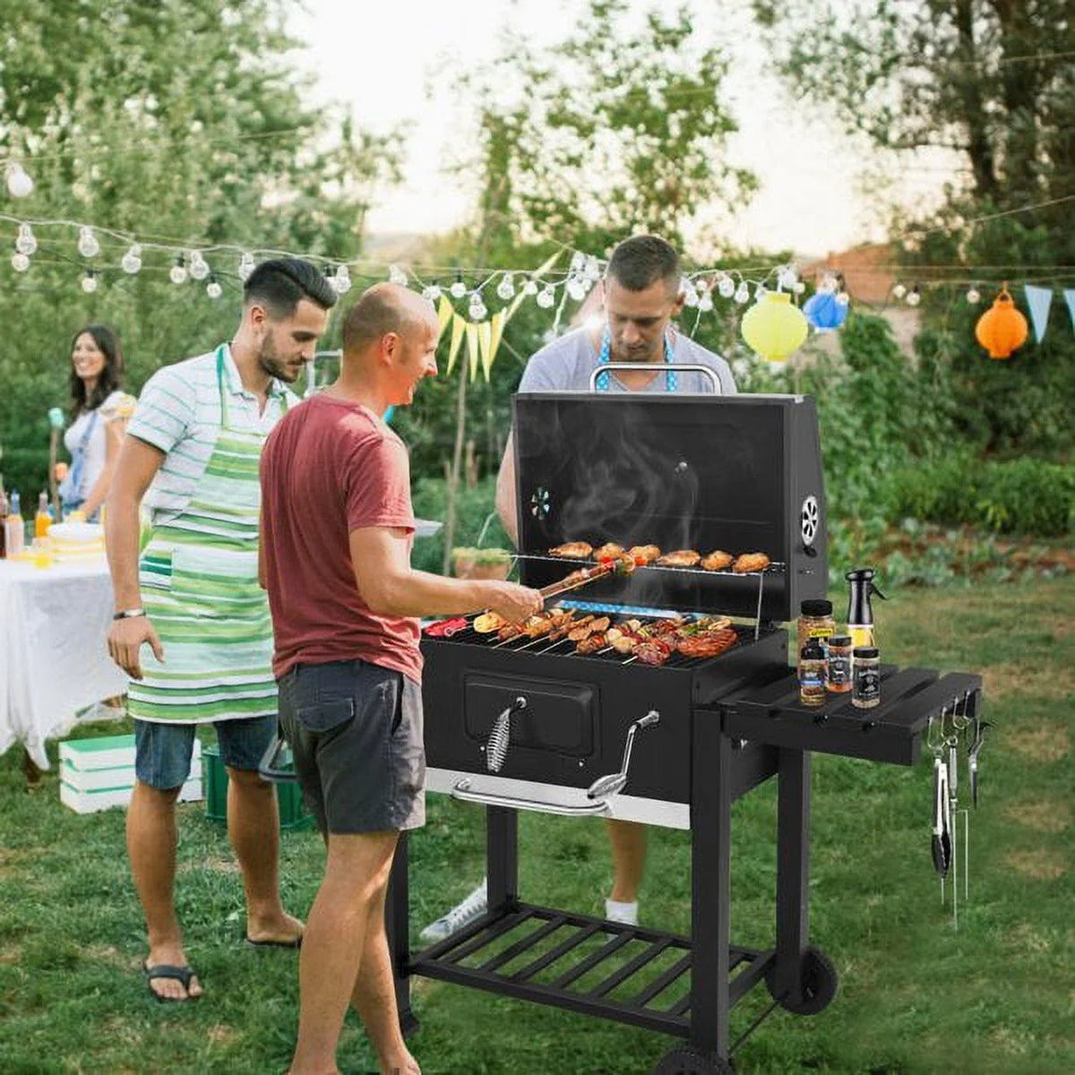 AEDILYS 25 inch Charcoal Grill Outdoor Smoker with Side Tables, for BBQ