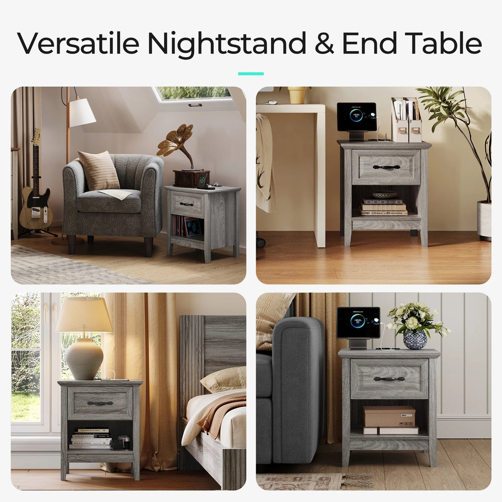 Linsy Home Nightstand for Bedroom set of 2 with Charging Station, Farmhouse End Tables for Living Room set of 2 with Drawer, Beige