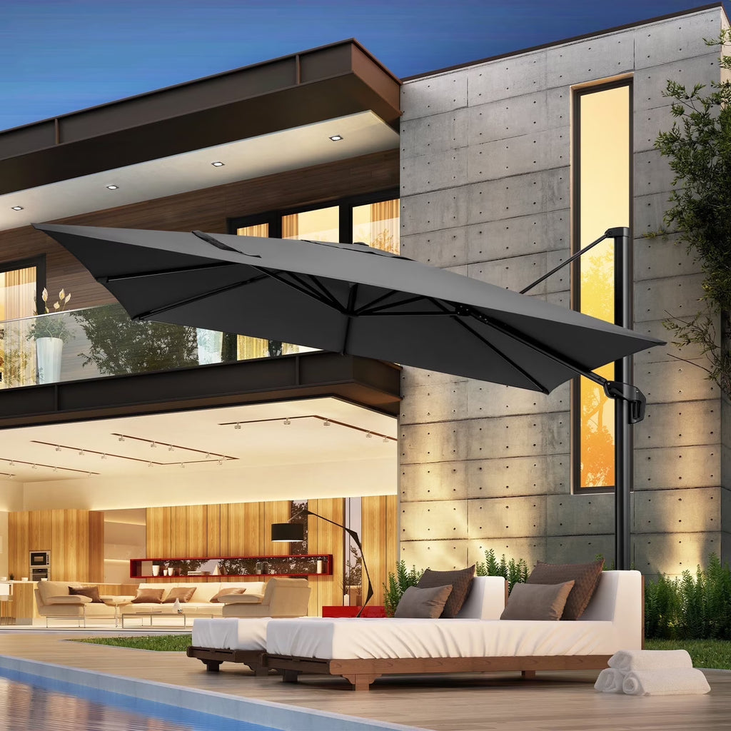 HOTEEL 10 Ft Patio Umbrella Outdoor Cantilever Square Umbrella Aluminum Offset Umbrella with Base, 360° Rotation，Gray