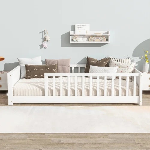 Bellemave Twin Size Floor Bed with Fence, Montessori Floor Twin Bed with Built-in Book Rack, Solid Wood Twin Bed with Slats and Safety Guardrails, Natural