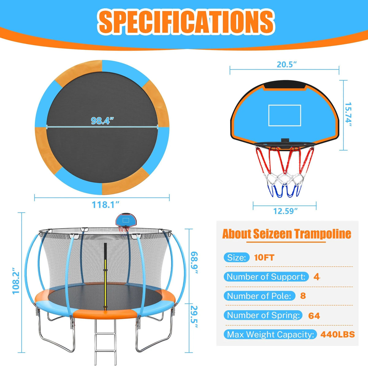 Trampoline Outdoor, 14FT Kids Trampoline with Enclosure Net and Ladder, Upgrade All-Weather Round Trampoline Curved Design with 5 Heavy-Duty Steel Legs