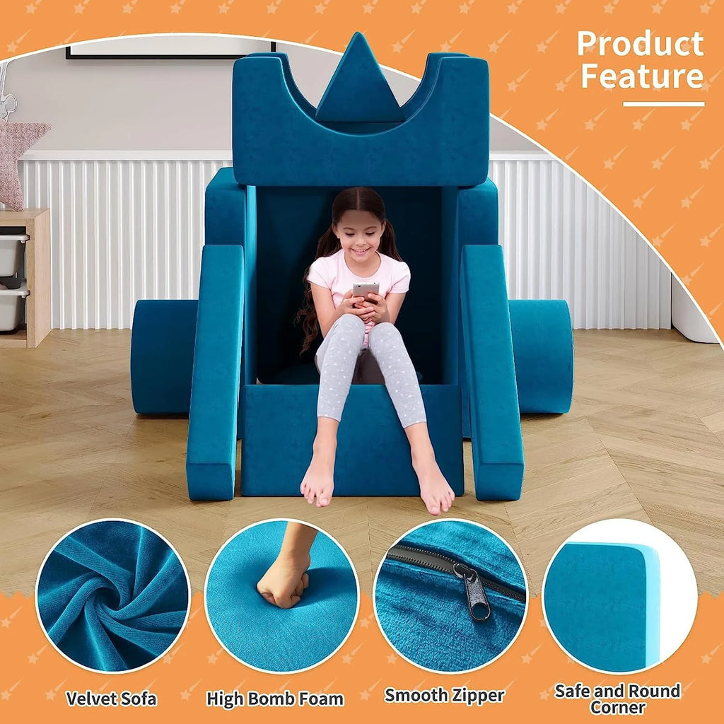 13Pcs Kids Couch, Wanan Toddler Couch Kids Sofa Couch, Kids Fold Out Couch for Playroom Bedroom, Modular Couch for Boys and Girls, Play Couch Sofa for Kids, Blue