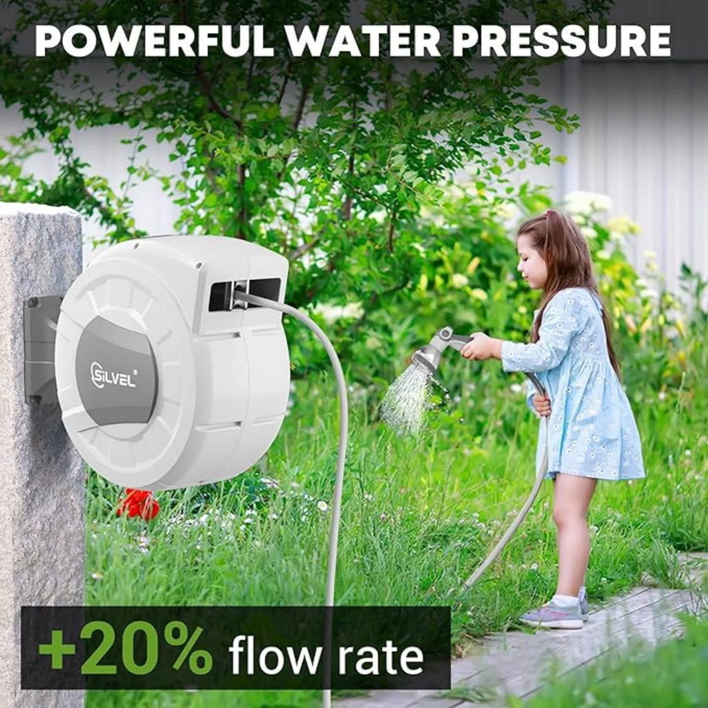 Gewna 1/2 in x 100 ft Retractable Wall Mounted Garden Hose Reel with 10 Pattern Nozzle, Any Length Lock, Slow Return System, 180 Swivel Bracket