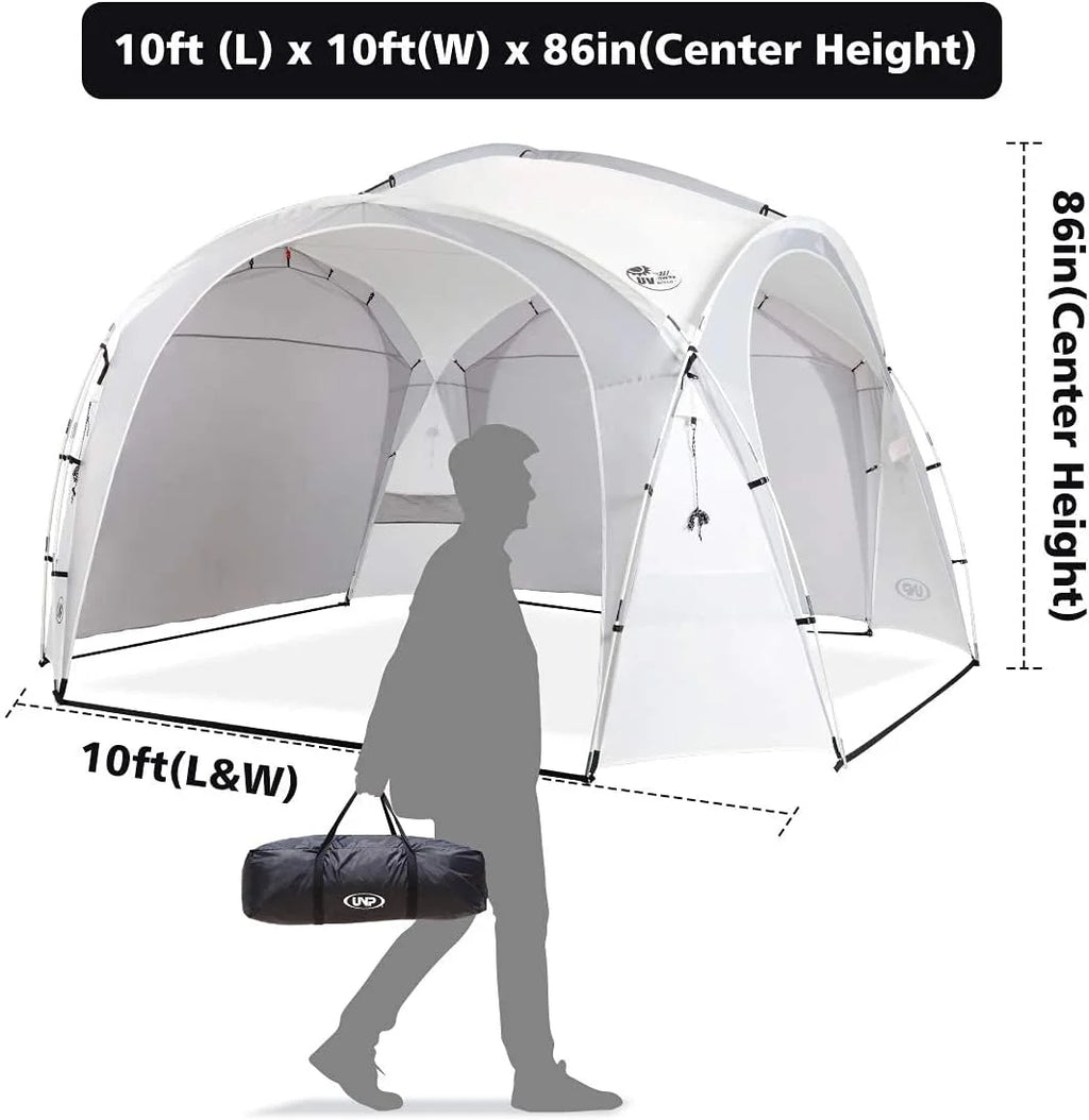 UNP Easy Beach Tent Pop Up Canopy UPF50+ Tent with Side Wall, Ground Pegs, and Stability Poles, Sun Shelter Rainproof, Waterproof for Camping Trips, Backyard Fun, Party Or Picnics (10x10 ft, White)