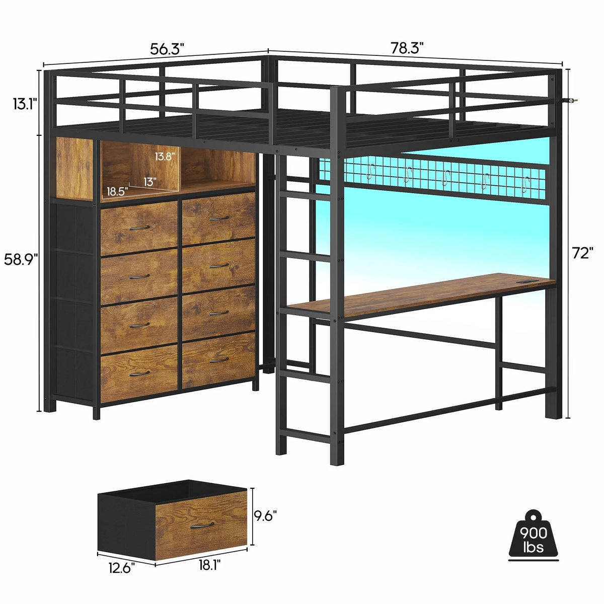 Afuhokles Twin Size Loft Bed with Desk and 8 Storage Drawers and Charging Station, Metal Loft Bed Twin with LED Lights, Storage Shelves, Black