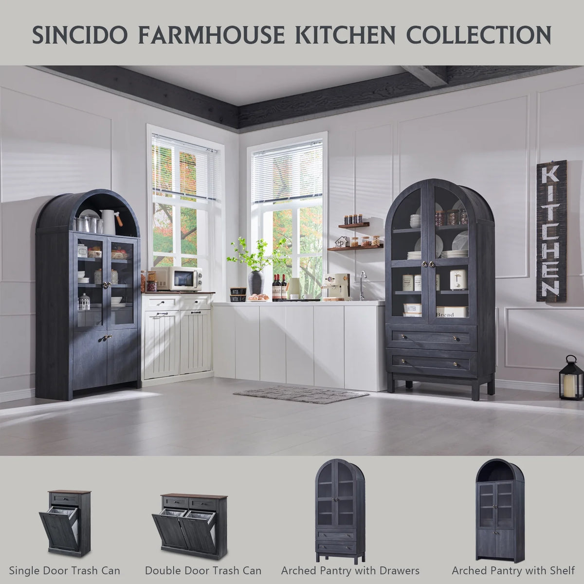 SinCiDo Arched Kitchen Pantry Storage Cabinet, 71-Inch Tall Wood Adjustable Shelves, 2 Doors, 2 Drawers