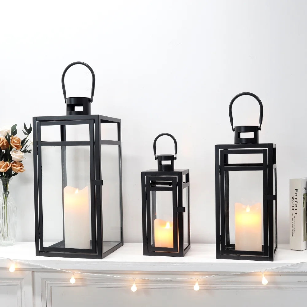 Stainless Steel Lantern Set of 3 12/15/19" Metal Lanterns with Tempered Glass for Parties & Events (Silver )