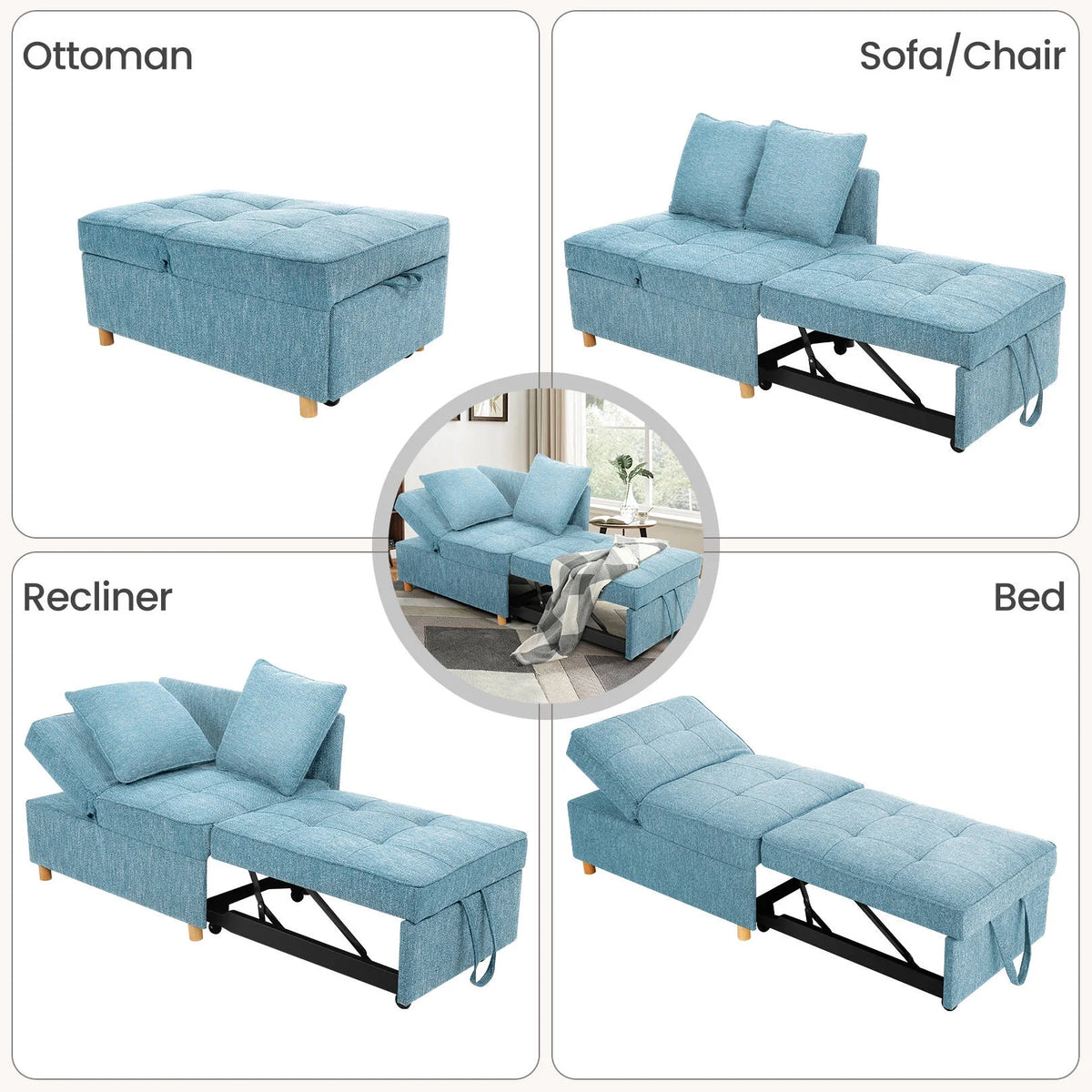 SEJOV 4-in-1 Convertible Sleeper Chair Bed, Linen Sofa Bed for Small Space, Futon Sofa with 2 Throw Pillows for Living Room, Single Recliner with 5 Adjustable Backrest for Bedroom Apartment, Brown