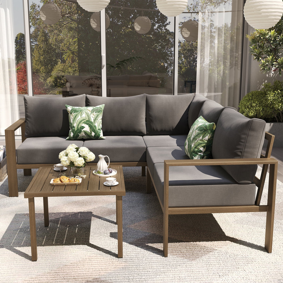 ELPOSUN 6 Pieces Patio Furniture Sets with 6" Thick Olefin Cushions, Metal Outdoor Sectional Furniture L Shape Patio Conversation Sets for Garden, Backyard Beige