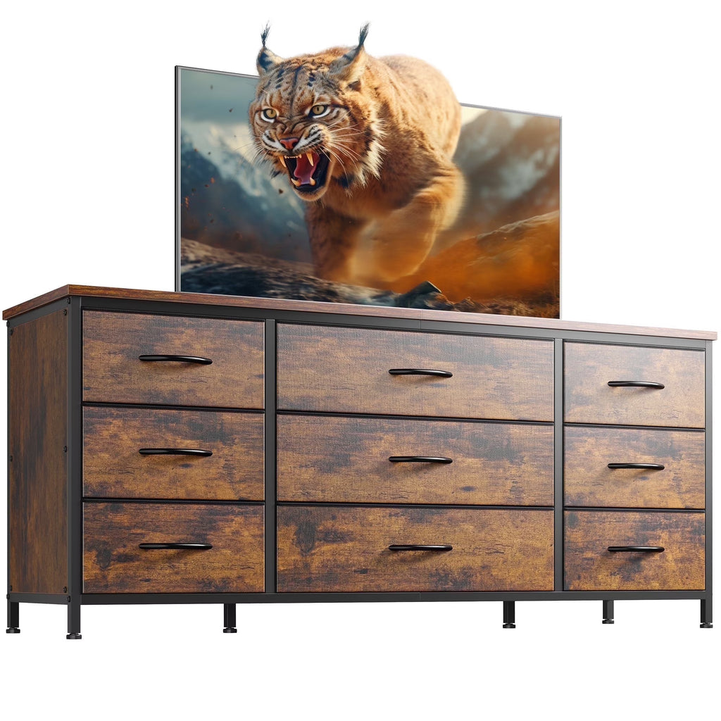 Wide Dresser TV Stand with 9 Drawers Dresser for Bedroom Chests of Drawers for Living Room, Black
