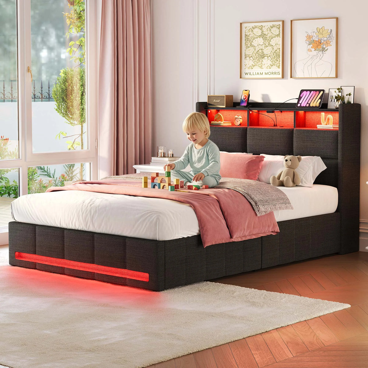 Greenstell Twin Size Lift up Hydraulic Platform Storage Bed Frame with Led Light & Charging Station, Fabric Channel Wingback Headboard, Dark Gray