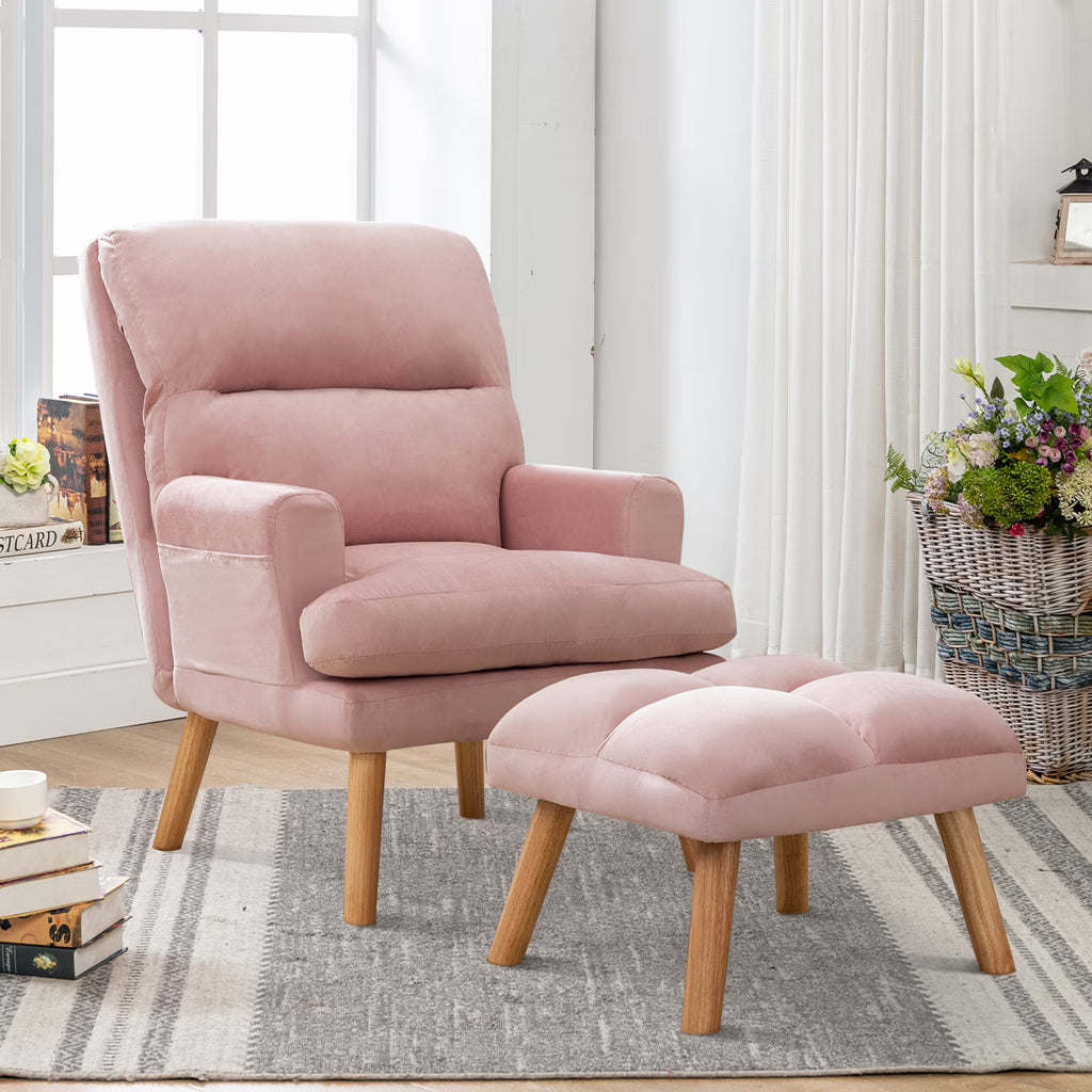 Bestier Adjustable Accent Chairs with Ottoman, Velvet Fabric Armchair for Bedroom Living Room, Comfy Lounge Chair with Padded Backrest and Side Pocket, Soft Reading Chair, Beige