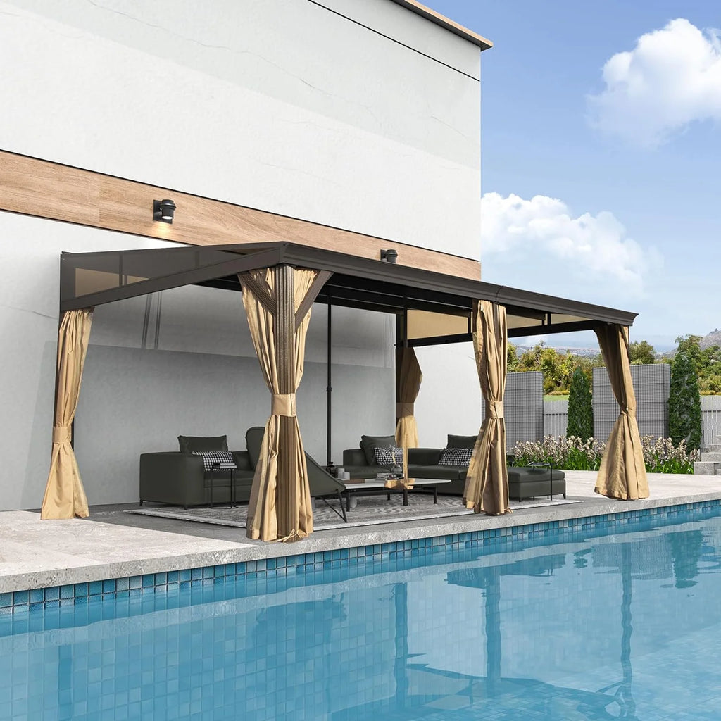 Domi Outdoor Living 10' x 12' Hardtop Lean-to Gazebo, Wall-Mounted with Galvanized Steel Roof Wall Pergola with Aluminum Frame, Curtains and Netting, for Patio, Deck, Garden, Backyard