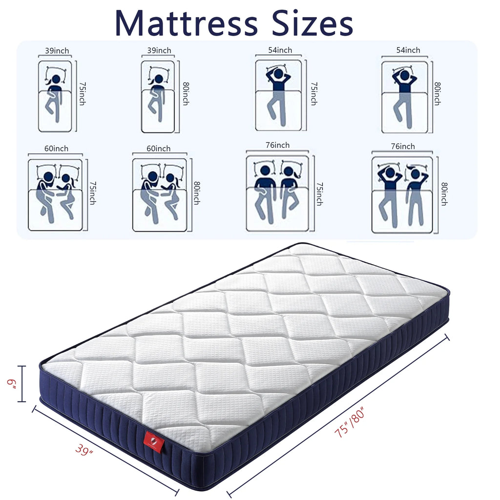Twin Mattress,Hybrid Innerspring and Memory Foam Mattress in a Box,Medium Firm Support with Cooling Fabric,CertiPUR-US Certified,75"x39"x6",White+Blue