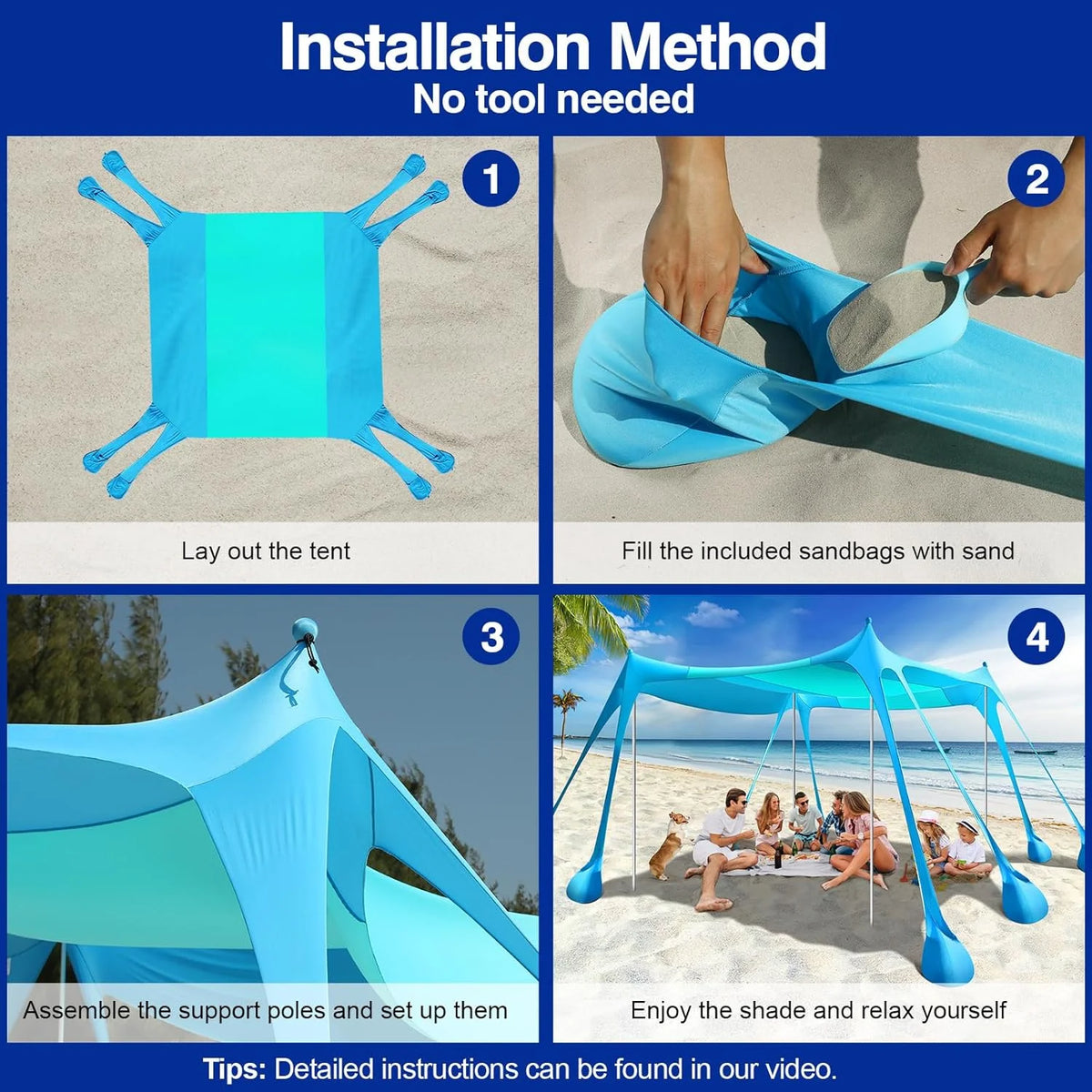 Rhino Valley Beach Tent Sun Shelter, Beach Canopy Tent Sun Shade U PF 50+ Protection with 8 Sandbags 4 Stability Poles, Outdoor Beach Shade Canopy for Beach, Camping, Fishing