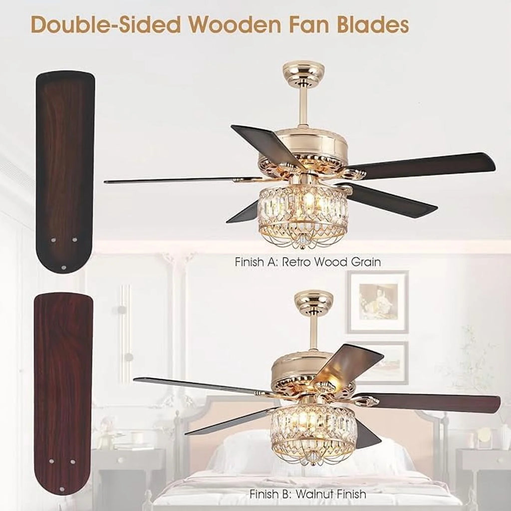 Kviflon 52" Farmhouse Ceiling Fan with Lights & Remote, Crystal Chandelier, Wood Blades, Quiet Motor, 6-Speed, Timer, Modern Lighting for Living Room, Bedroom, Dining Room, Chrome Finish