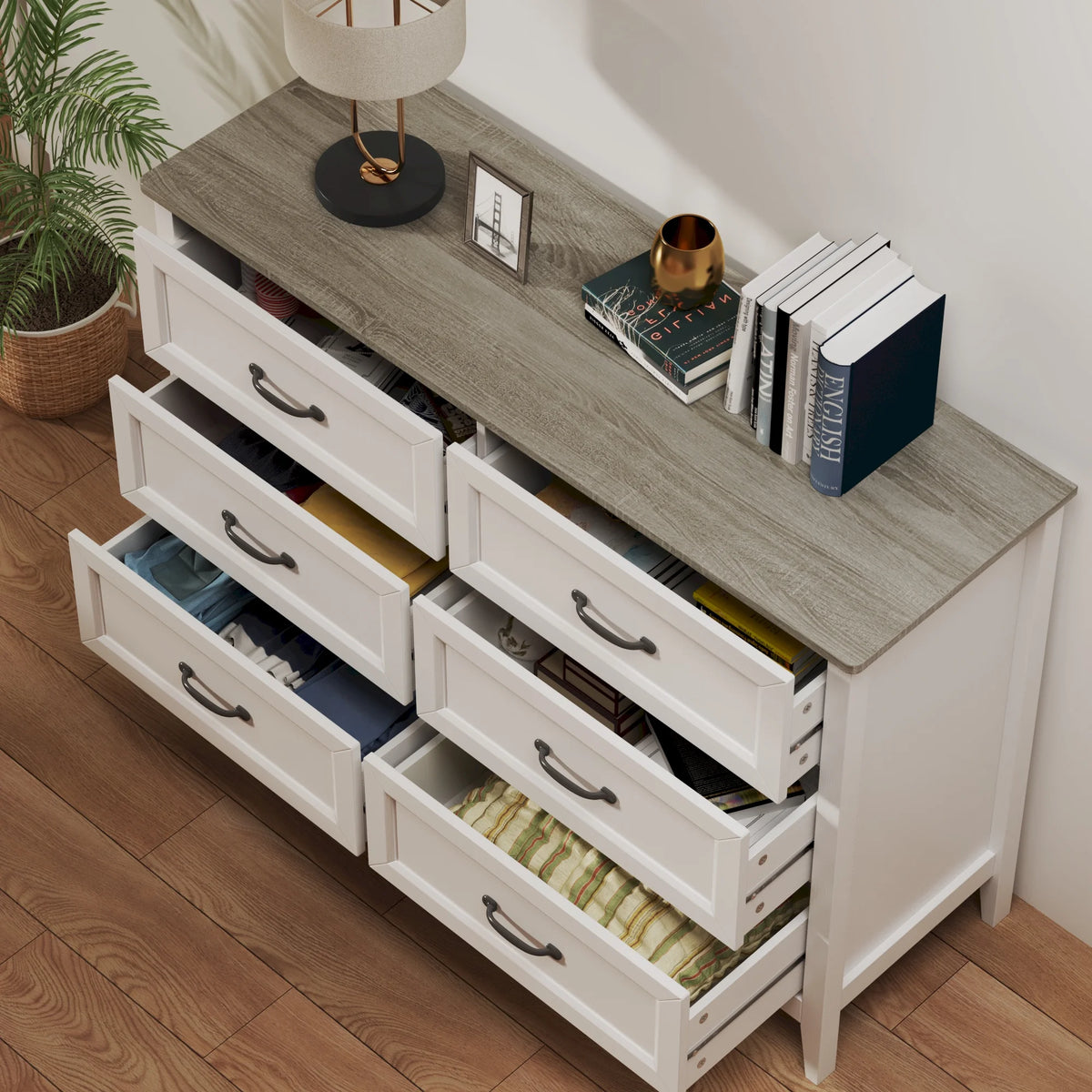 White Dresser, Lofka 6 Drawer Dresser for Bedroom, Chests of Drawers for Living Room, White Brown