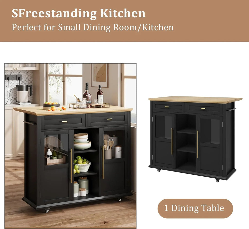 WALYWIK Foldable Kitchen Island Cart with Wheels, 2 Glass Doors, Spice Rack & Towel Holder Compact Mobile Storage Cart for Small Kitchens, Dining Rooms, Camping & RVs - Grey