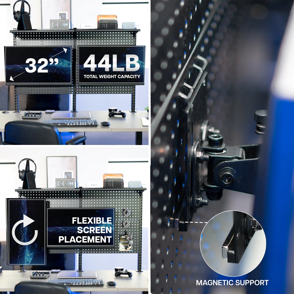 VIVO Black Steel Clamp-on 47" Pegboard with Monitor Mounts & Overhead Shelf