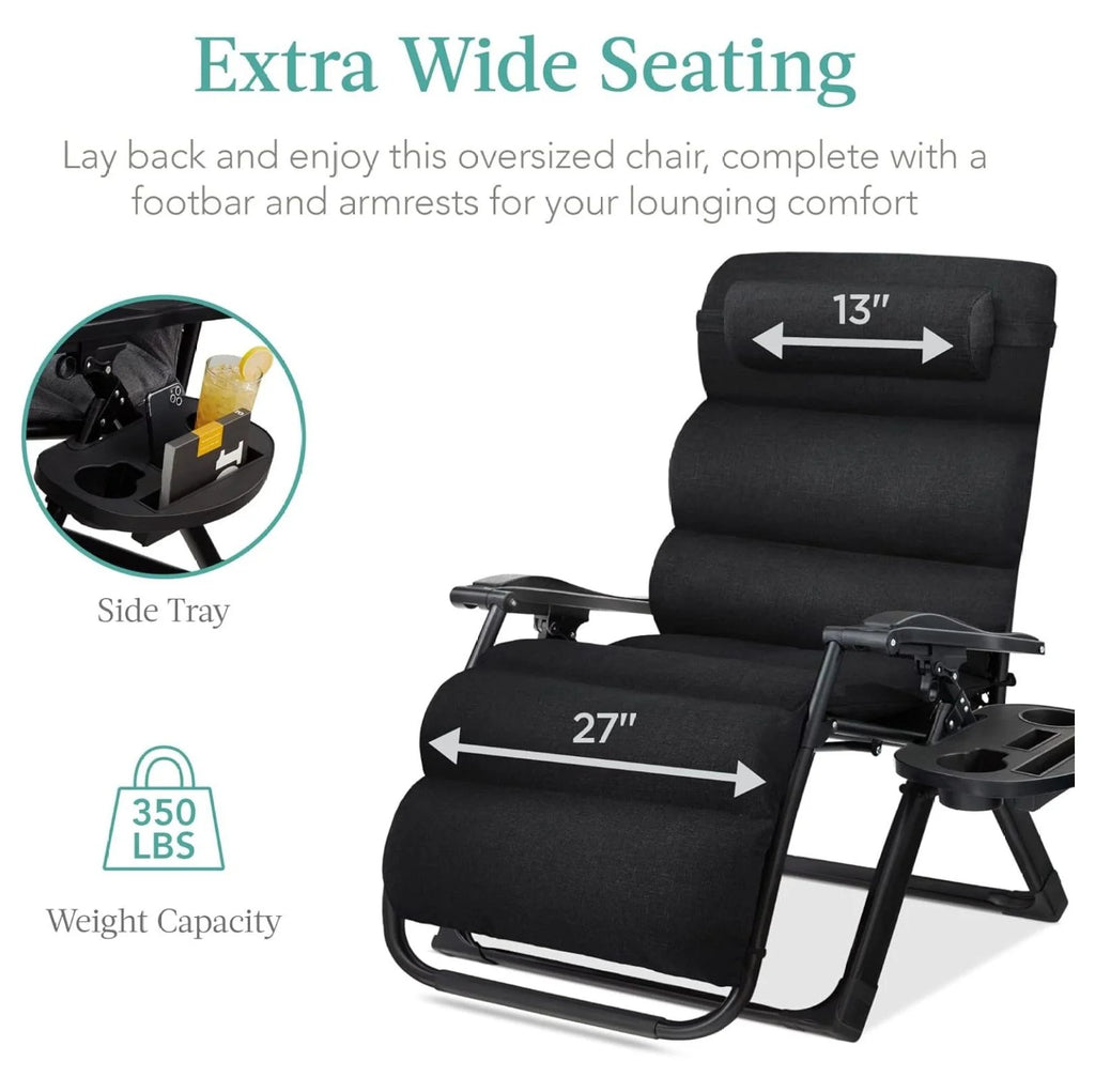 Oversized Chair, Folding Outdoor Patio Recliner, XL Anti Gravity Lounger w/Removable Cushion, Cup Holder, Side Tray, 350lb Capacity - Taupe
