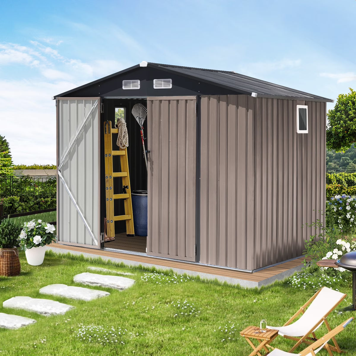 JOIVI 8'x6' Outdoor Storage Shed, Galvanized Metal Tool Storage Shed, Weather Resistant Garden Shed W/Lock for Backyard Patio Lawn, Brown