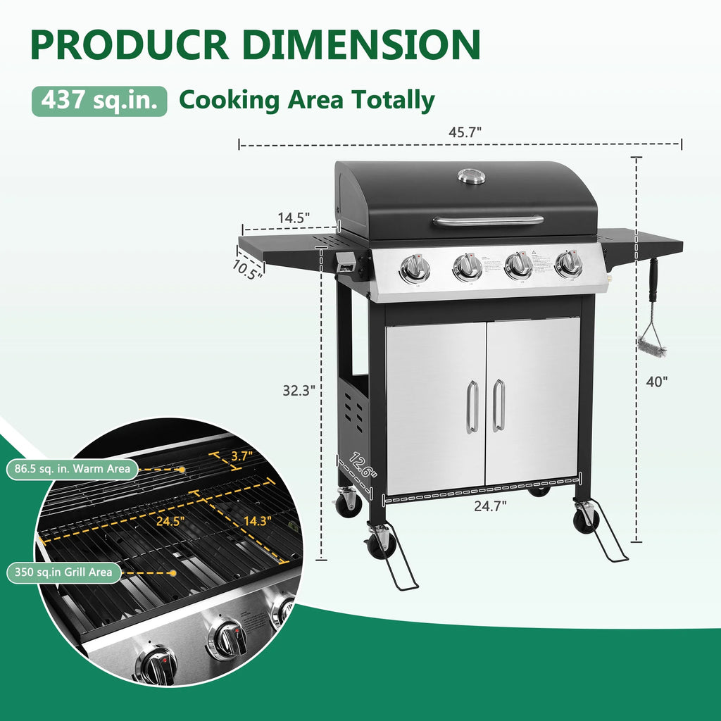4-Burner Gas Grill with 4 Universal Wheels & Bottle Opener, 40000BTU Outdoor Grill with Side Table for Camping, Black & Sliver