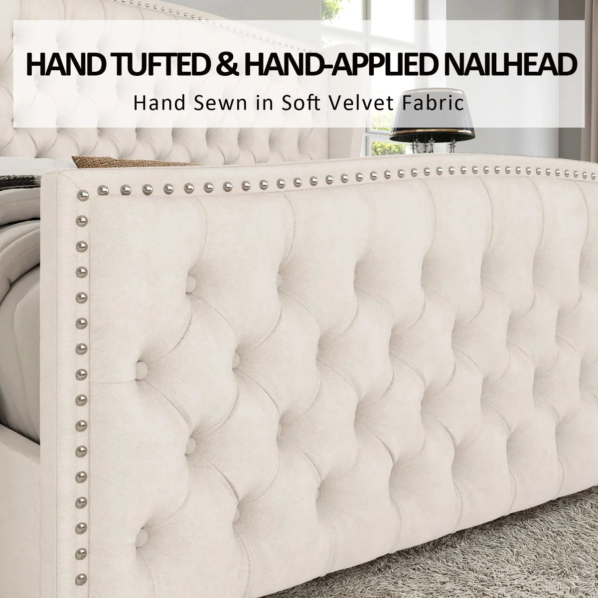 VANACC Queen Size Bed Frame, Velvet Upholstered Bed with Deep Button Tufted Wingback Headboard Grey