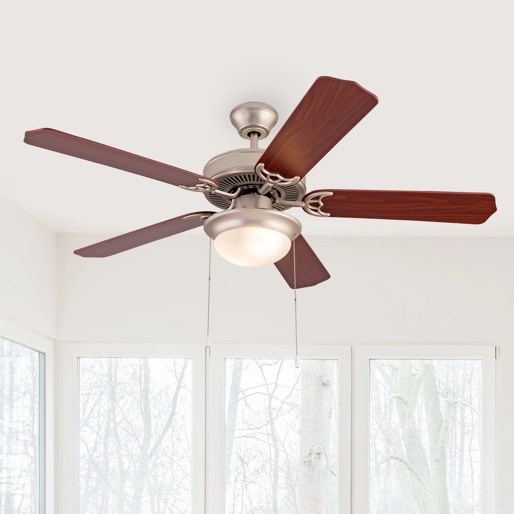 Simpol 52" Prominent Indoor Ceiling Fan with LED Light, Pull Chain and Remote Control, Reversible AC Motor, Walnut/Silver Reversible Blades and Satin Nickel Finish