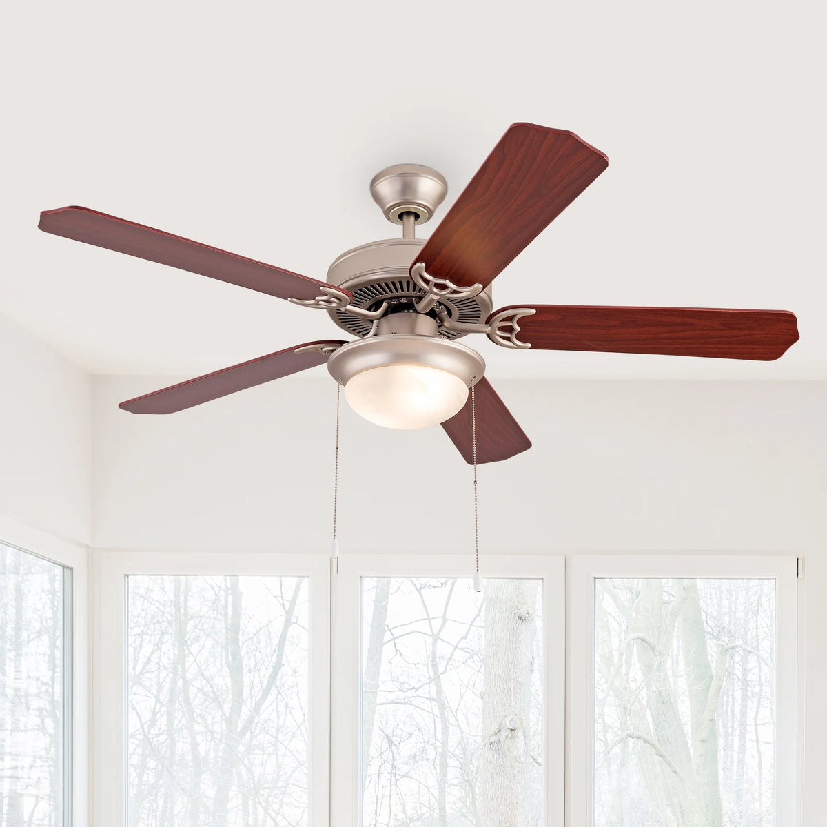 Simpol 52" Prominent Indoor Ceiling Fan with LED Light, Pull Chain and Remote Control, Reversible AC Motor, Walnut/Silver Reversible Blades and Satin Nickel Finish