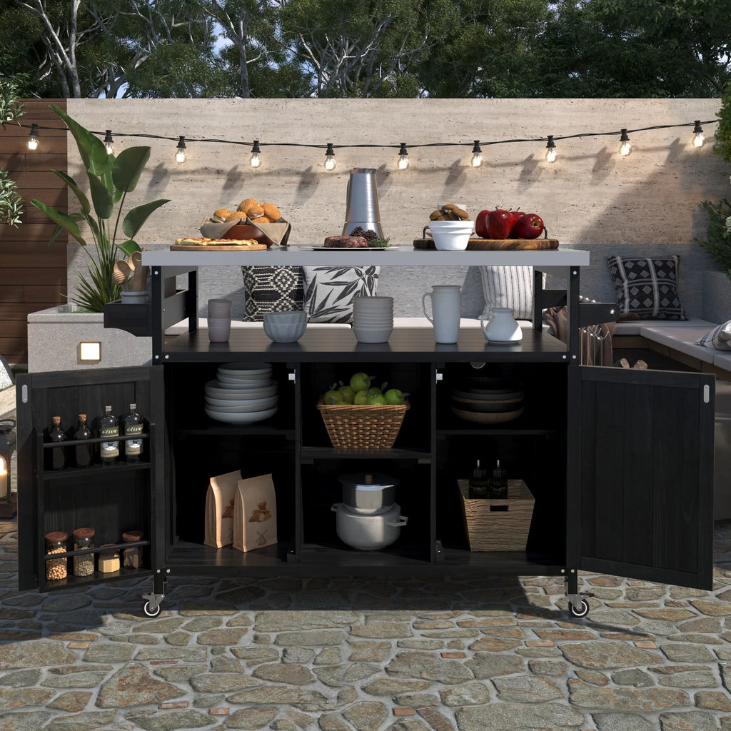 Outdoor Kitchen Island, Rolling Bar Cart & Storage Cabinet, Farmhouse Solid Wood Outdoor Grill Table with Stainless Steel Top, Spice Rack , Towel Rack for Kitchen & BBQ , Natural