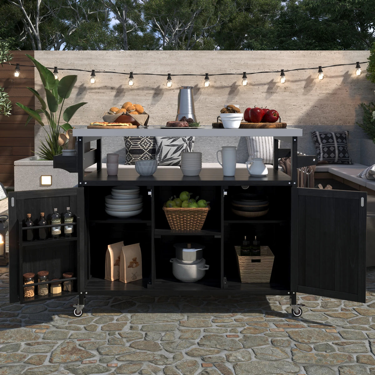 Outdoor Kitchen Island, Rolling Bar Cart & Storage Cabinet, Farmhouse Solid Wood Outdoor Grill Table with Stainless Steel Top, Spice Rack , Towel Rack for Kitchen & BBQ , Natural