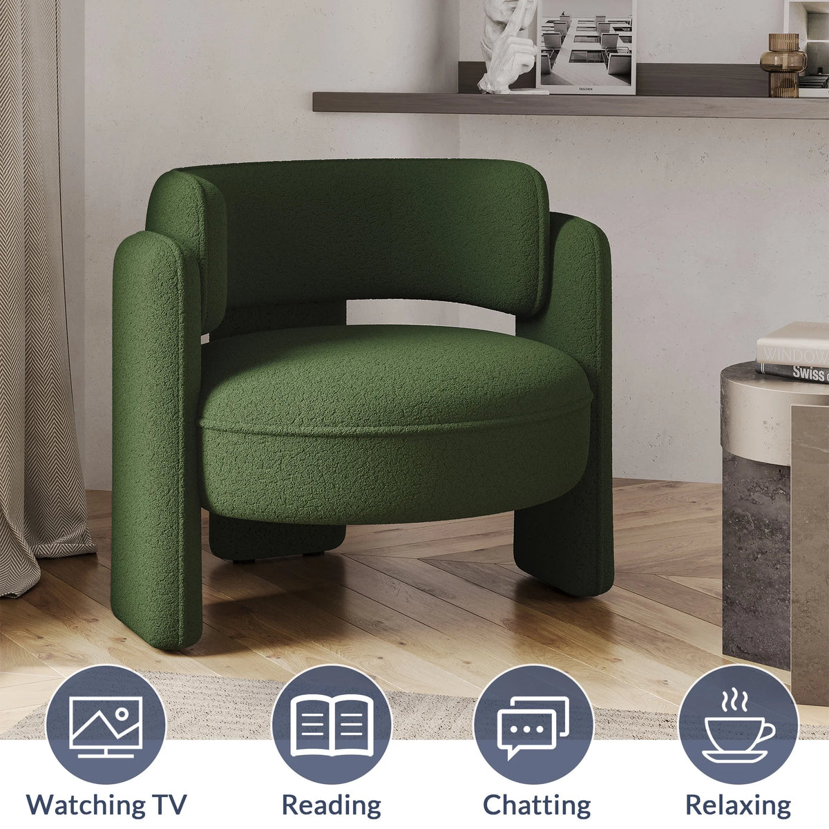 BELLEZE Sherpa Boucle Chair, Modern Barrel Accent Chair Comfy Round Upholstered Armchair Accent Side Chair for Living Room, Bedrooms, Corner - Quinton White