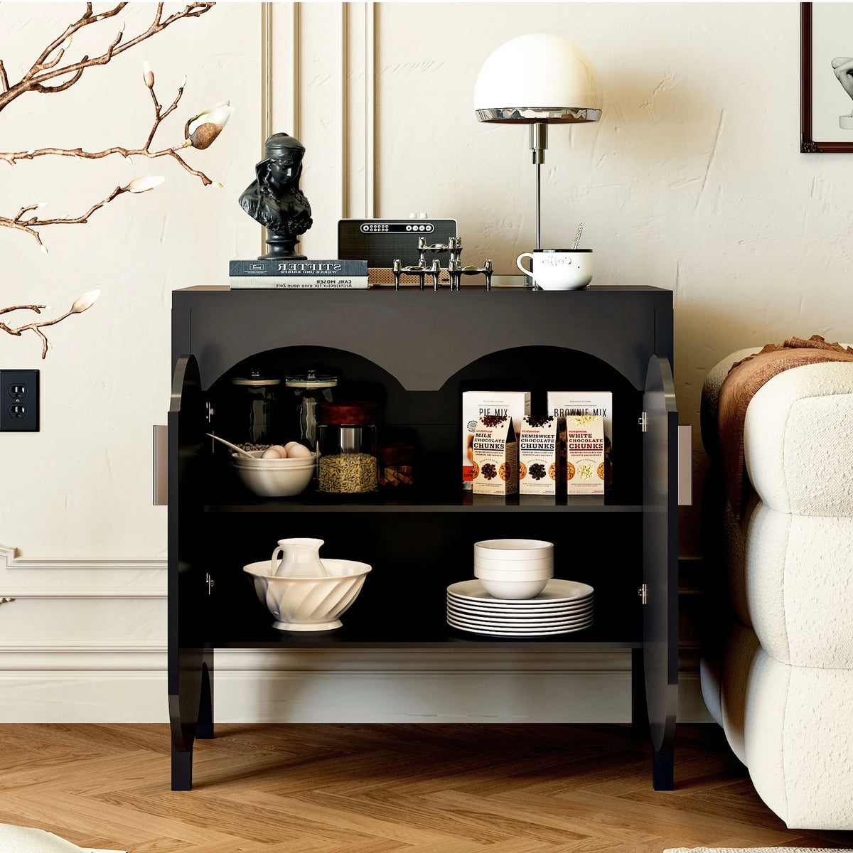 LEFHDA 2PCS Buffet Cabinet, Sideboard Cabinet with Storage, Accent Storage Cabinet with Carved Arc Door Design for Kitchen Dining Room, 2 Doors Buffet Cabinet with Adjustable Shelves