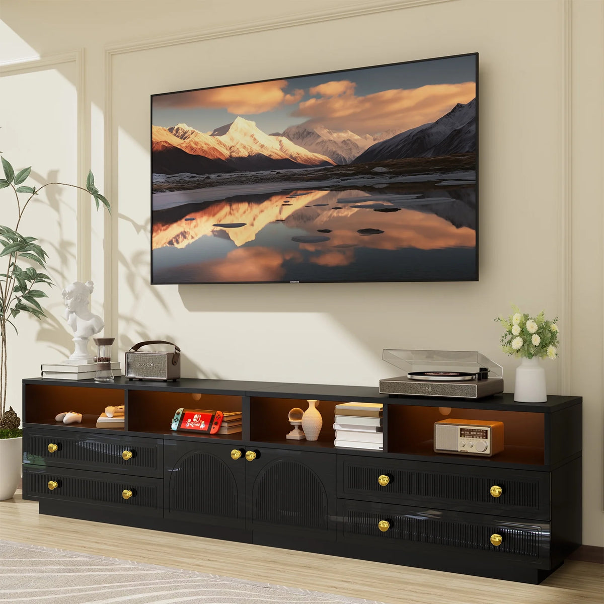 Planntonneo Mid-Century Modern Fluted TV Stand Wooden Media Console Entertainment Center for Living Room, Walnut Color