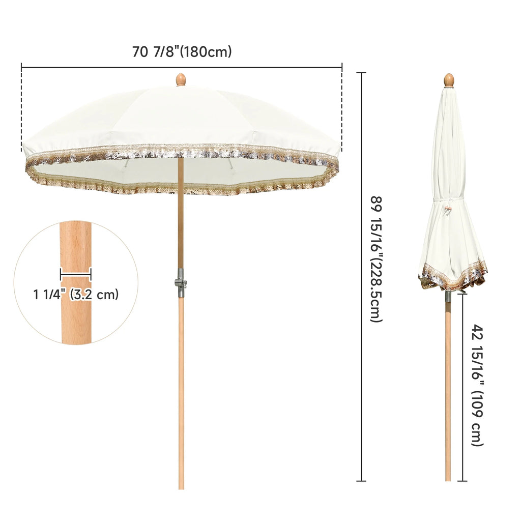 LAGarden 6 Ft Fringe Patio Umbrella with Tassel Jazz Age Wood UPF50+ for Outdoor, Beige with gold tassel,Model: JZ6-01