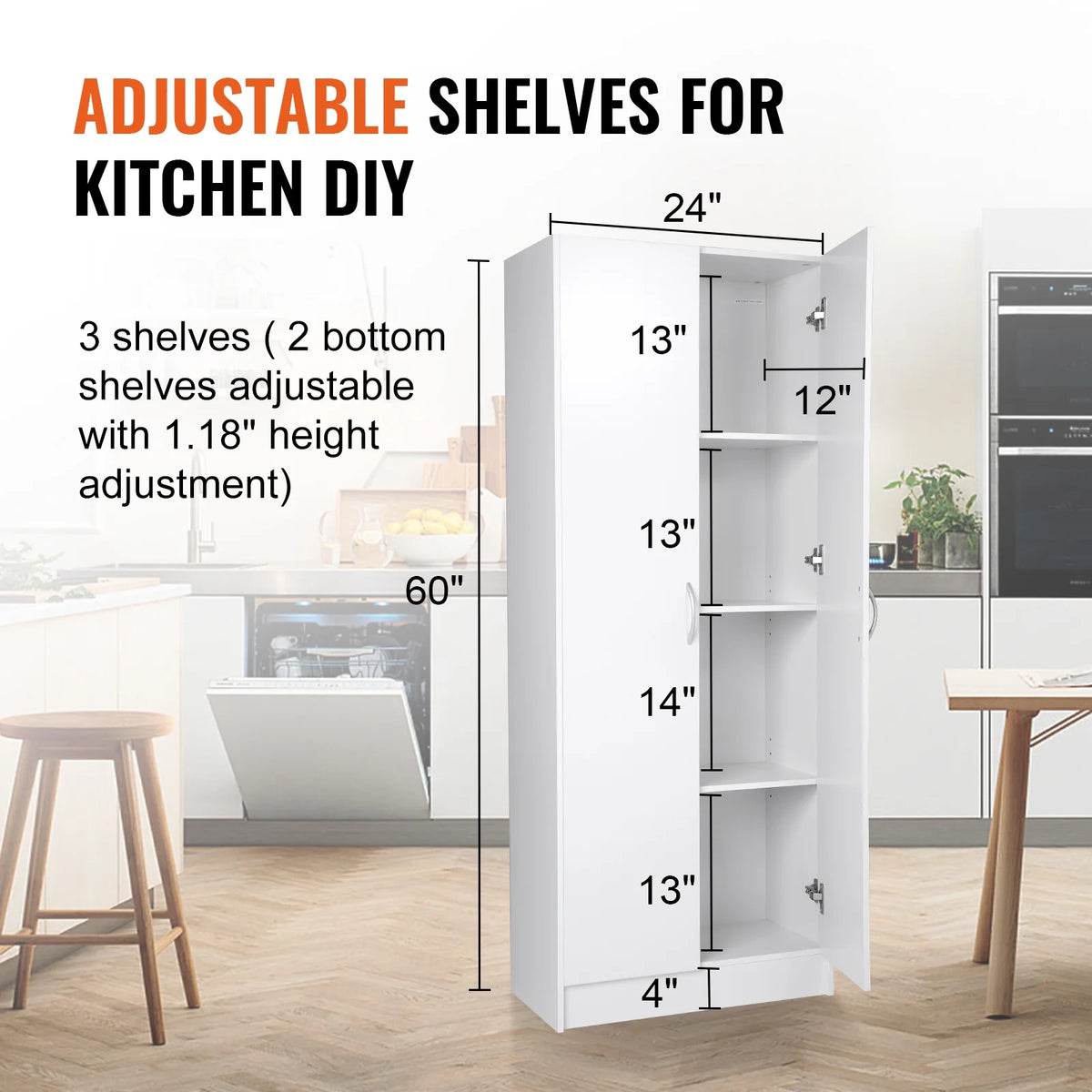 KFFKFF Kitchen Pantry Cabinet with Doors and Adjustable Shelves 24" x 12" x 60" Tall Food Pantry Storage Cabinet for Kitchen, Living Room and Dinning Room 110LB Loading