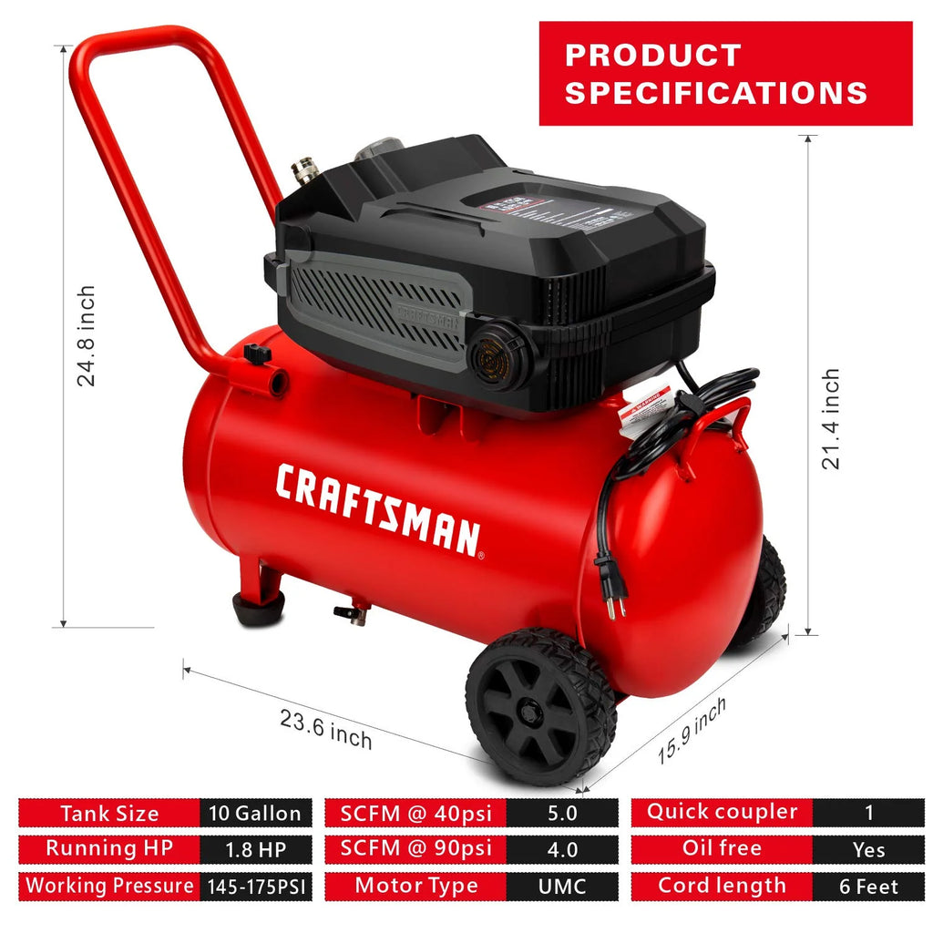 Crafstman CMXECXA0201041 Red 1.8 HP 175 PSI 90 PSI Portable Air Compressor 10 gal