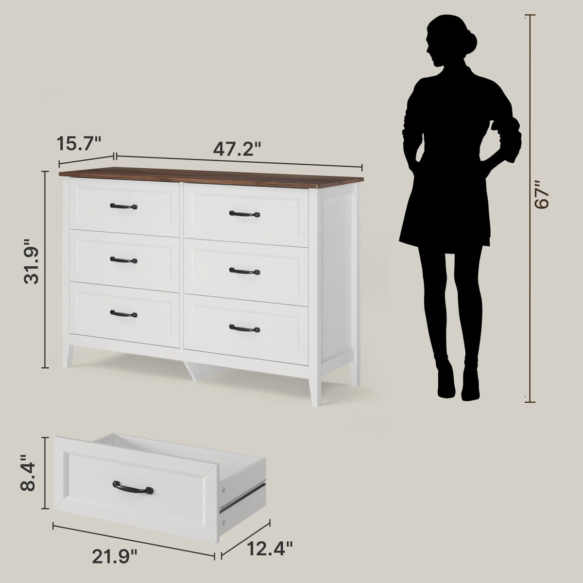 White Dresser, Lofka 6 Drawer Dresser for Bedroom, Chests of Drawers for Living Room, White Brown