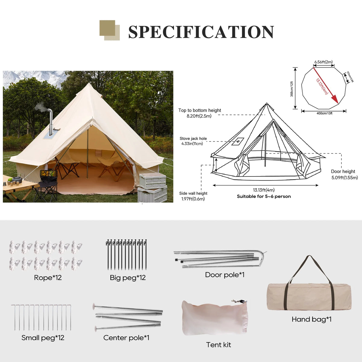LVUYOYO Bell Tent for Camping, Cotton Canvas Bell Tent with Stove Jack, Outdoor Canvas Bell Tent for Family Glamping Camping, 4 Season Tent with Zipped Removable Floor,5M,Green