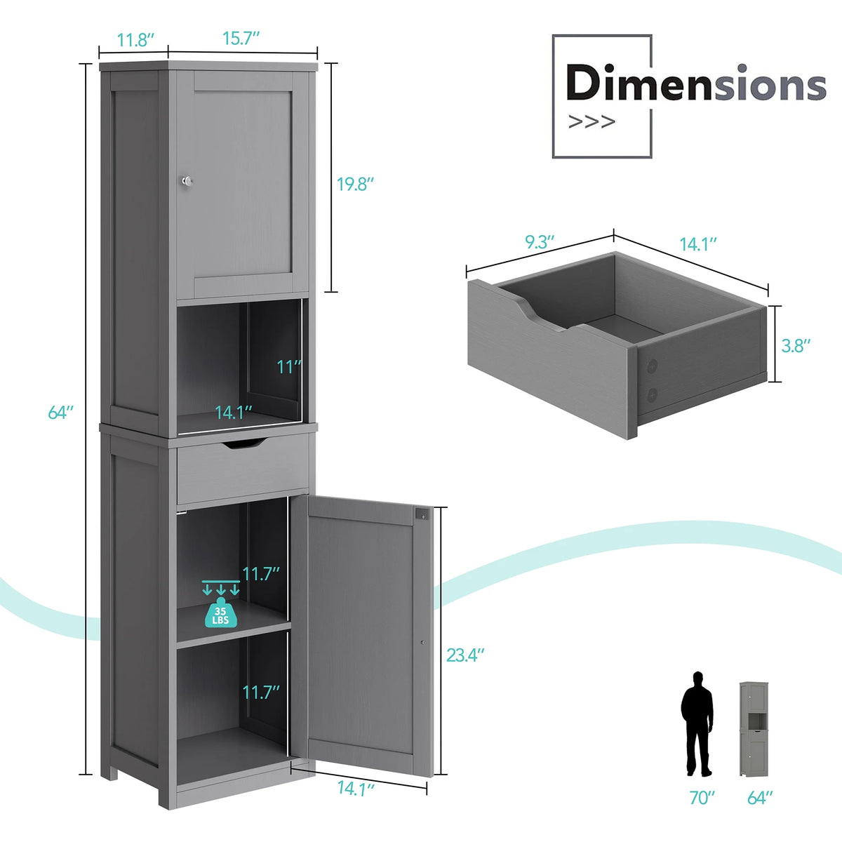 Walsunny Bathroom Storage Cabinet 64" Tall Wooden Kitchen Cupboard Pantry Cabinet with Doors Shelves Drawer Black
