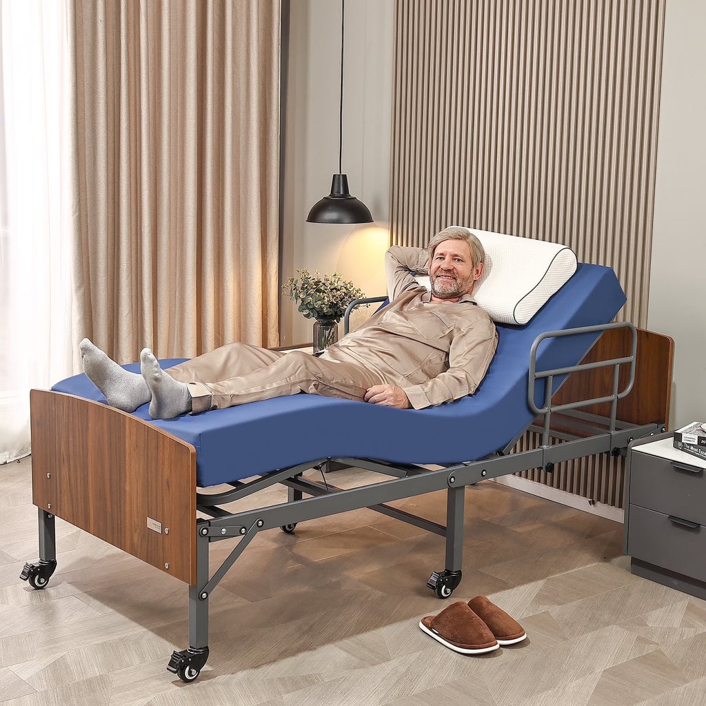 ESHINE Hospital Bed with 6" Waterproof Mattress - Wireless Remote, Headboard, 2.5" Wheels, Head & Foot Incline